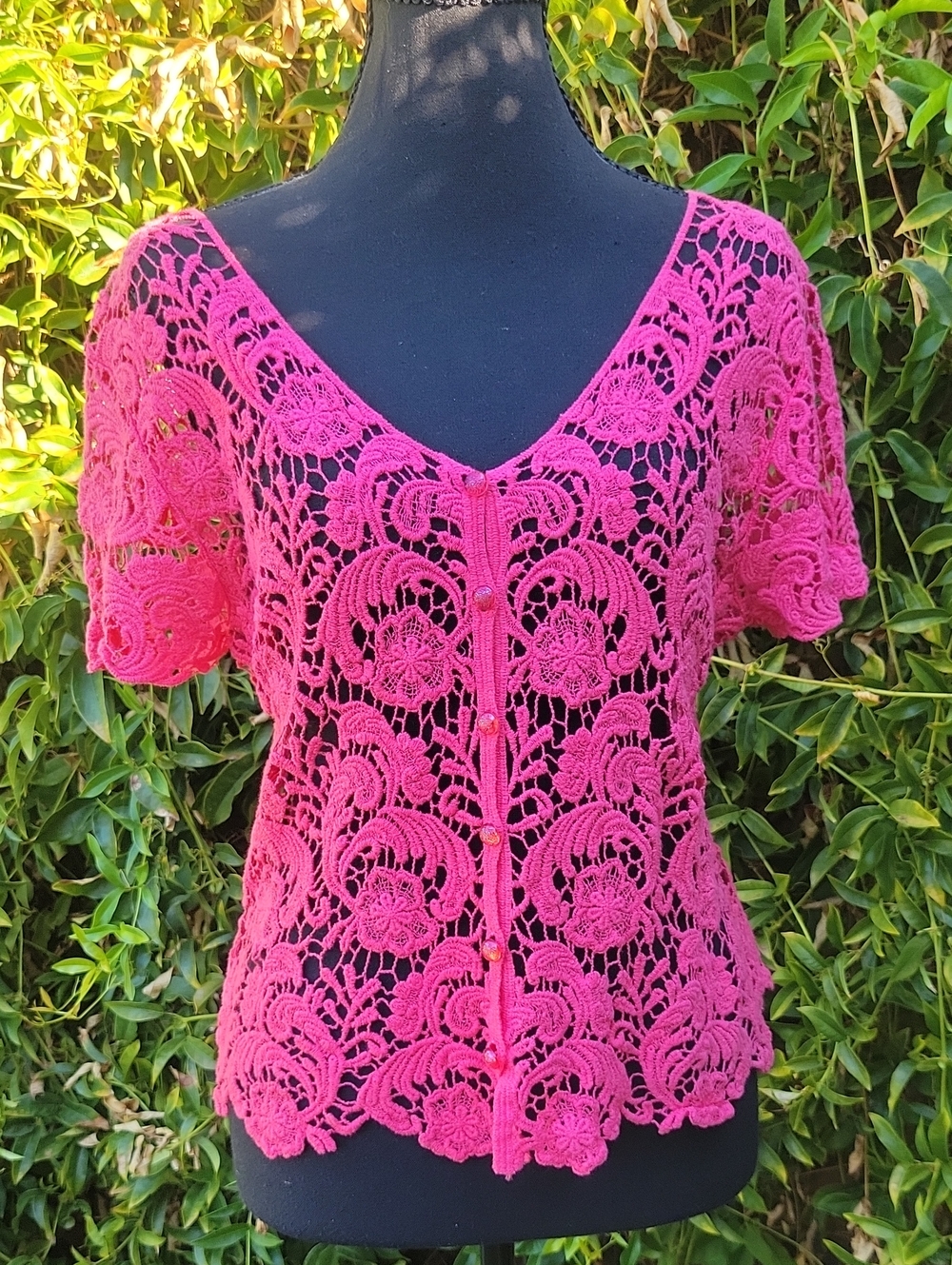 Questions by Say What Pink Crochet Lace Button Front Cardigan 100% Cotton Size M